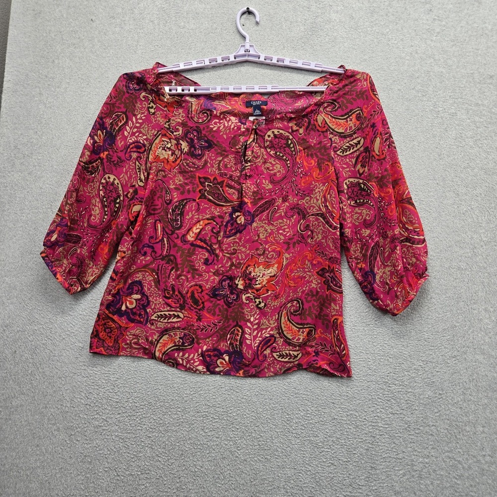 Chaps Women Blouse L Pink Paisley Bohemian Button V-Neck Front Artsy Office